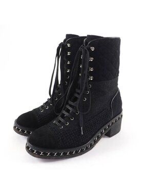 Chanel Suede Leather CC Logo Quilted Combat Boots Short